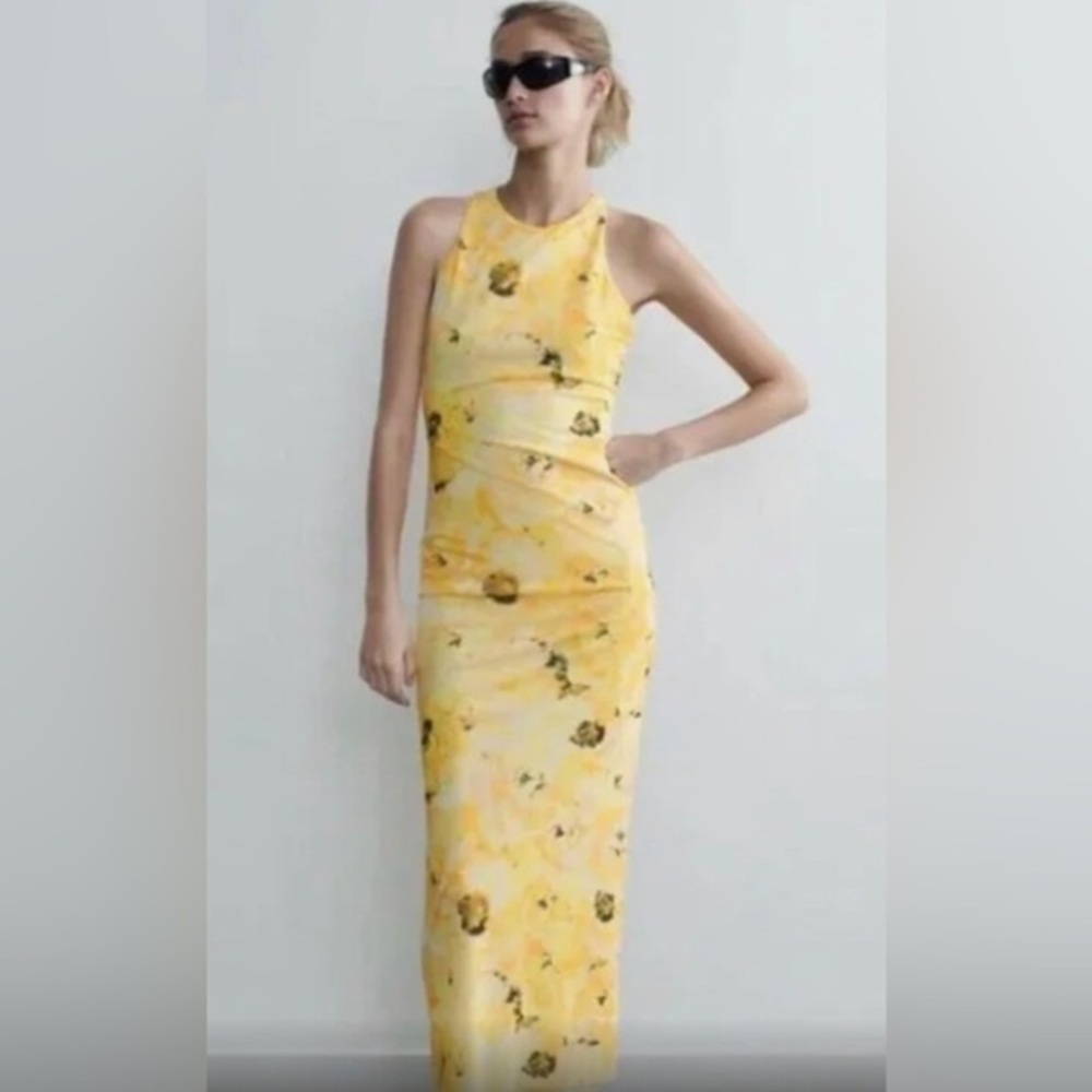 Zara Floral Yellow multi sheer mesh Open Twist back Maxi Dress size Small new
